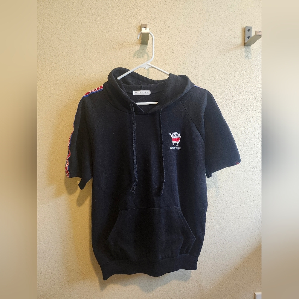 Black Short Sleeve Hoodie with  Embroidered SHINCHAN Logo